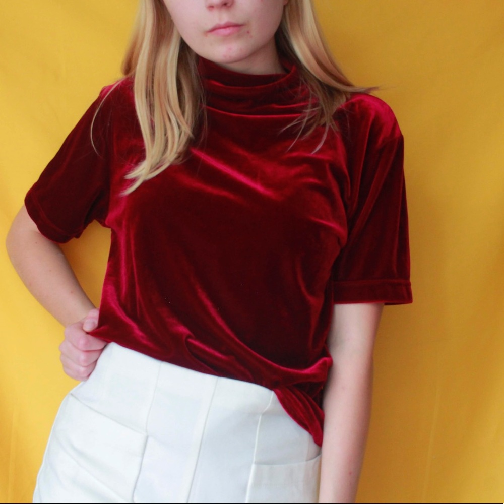 Vintage Velvet Burgundy Mock Neck Top